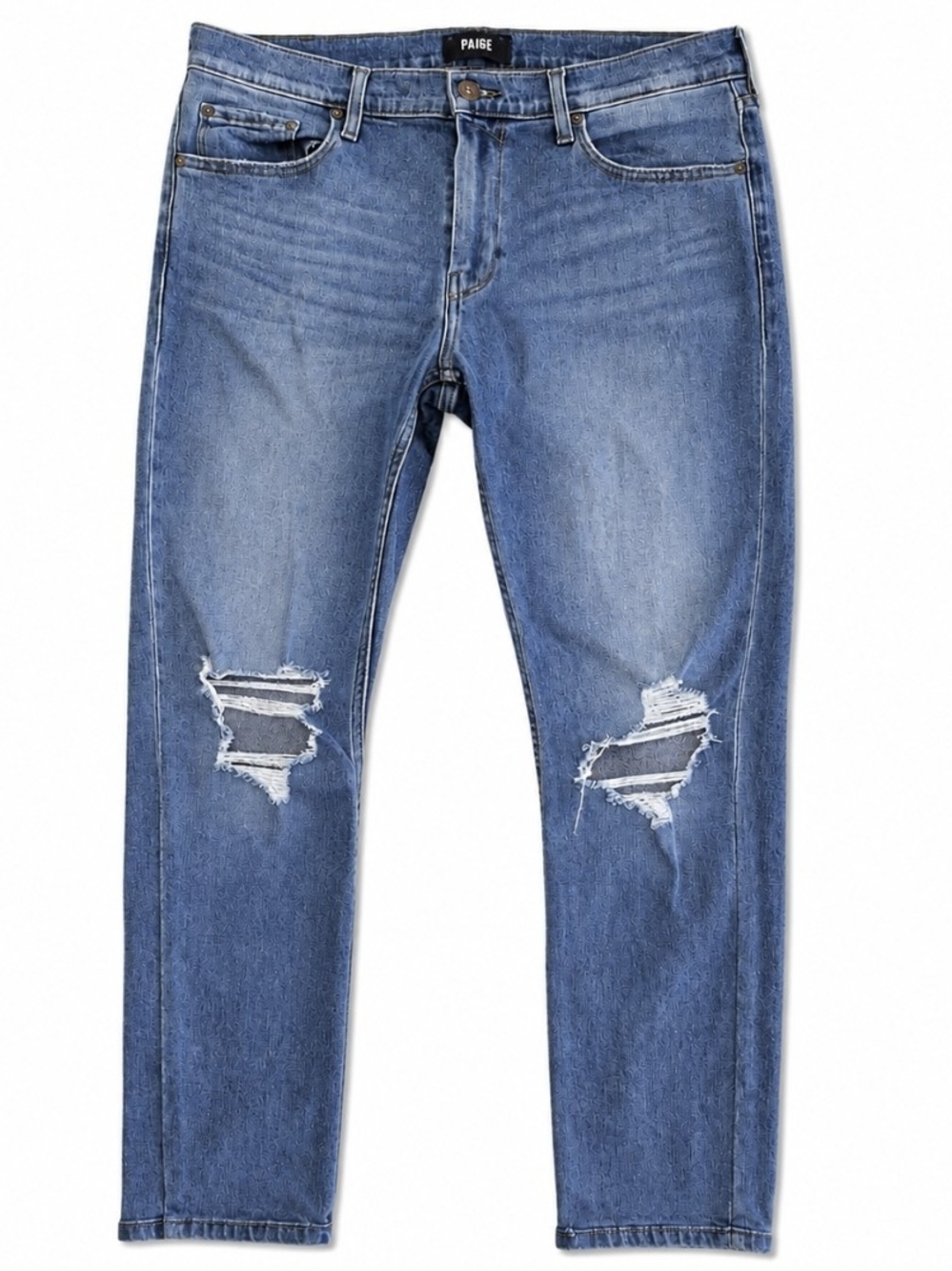 PAIGE Jeans Mens Size 32 Blue Distressed Ripped Knee Slim Fit Stretch Denim